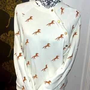 Anthropologie Maeve M Button Front Horse Print Sweatshirt. Embroidered horses.